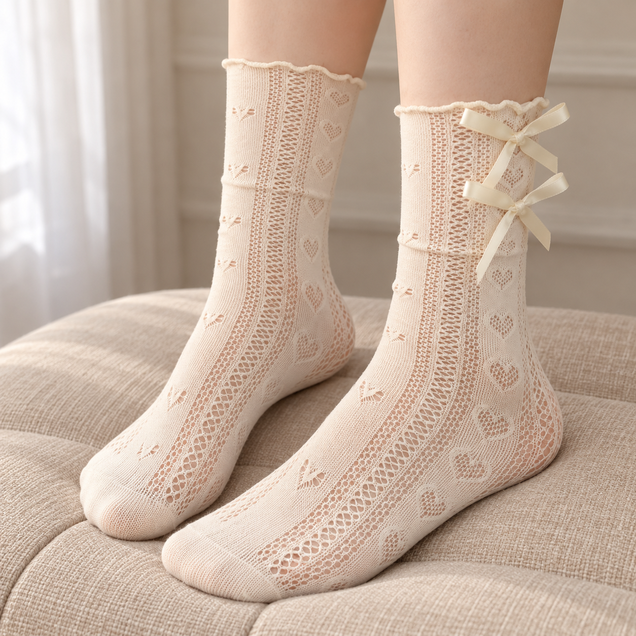 AI unshod styling illustration showing supported Milky White pointelle sock feet, small heart columns, openwork bands and plain toes