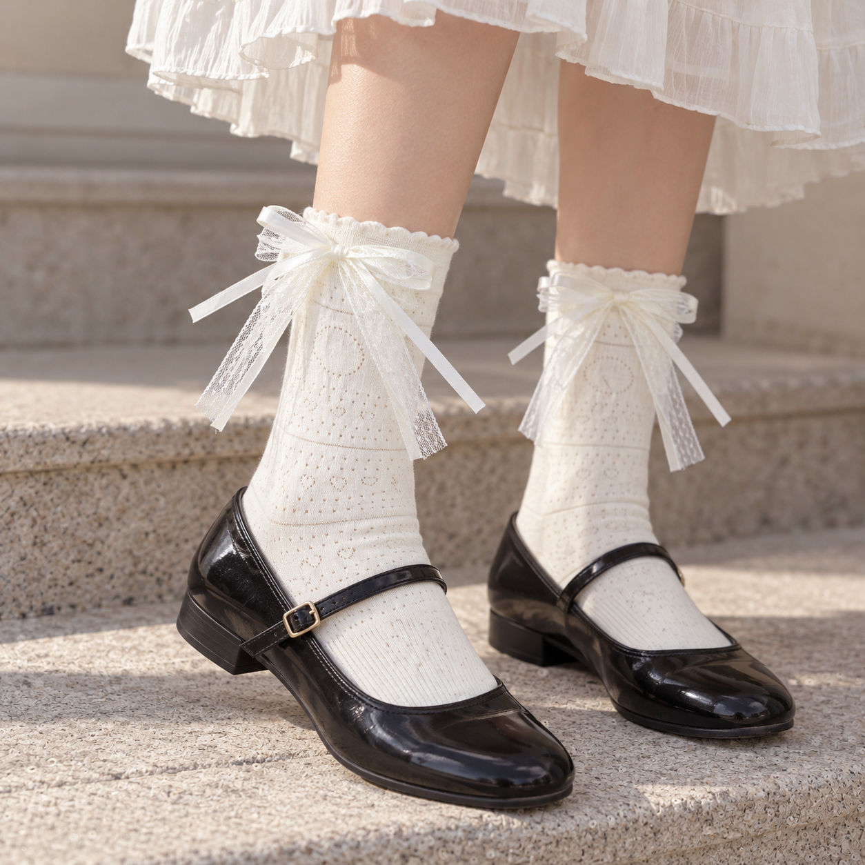 AI standing outfit illustration of White heart-pointelle socks with fine horizontal bands and layered white mesh-and-ribbon bows above black Mary Janes