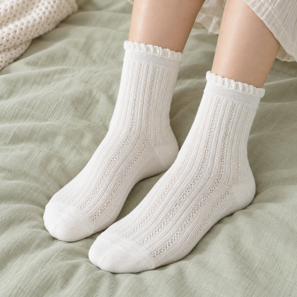 AI unshod styling illustration of supported White fine-pointelle sock feet with plain rounded toe panels