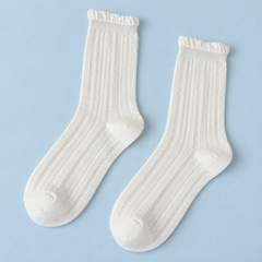 AI complete-pair illustration of White socks with tiny vertical pointelle columns, smooth upper bands and small curled rims