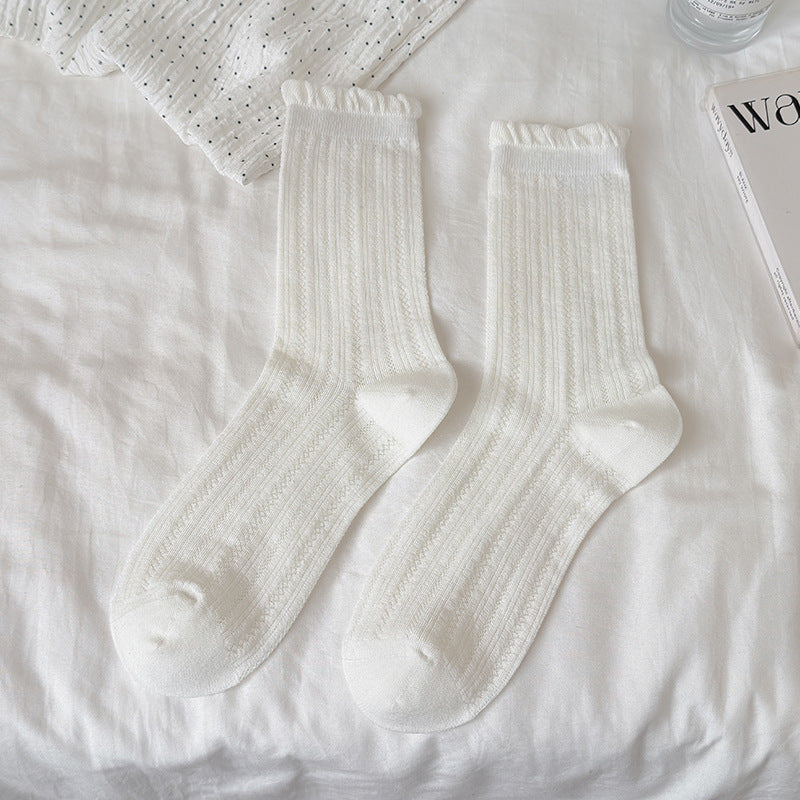 Original supplier reference of a White pair with fine vertical pointelle columns, narrow smooth bands, small curled rims and plain toe and heel panels