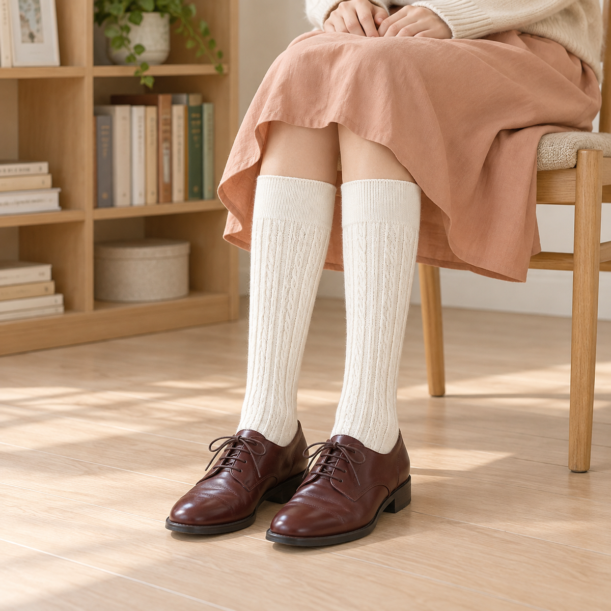 AI outfit illustration of Cream cable long socks with plain straight cuffs, an apricot skirt and burgundy Oxford shoes beside a wooden bookcase.