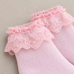 AI close product illustration of the small Pink top ruffle and downward scalloped floral lace flounce over fine knit.