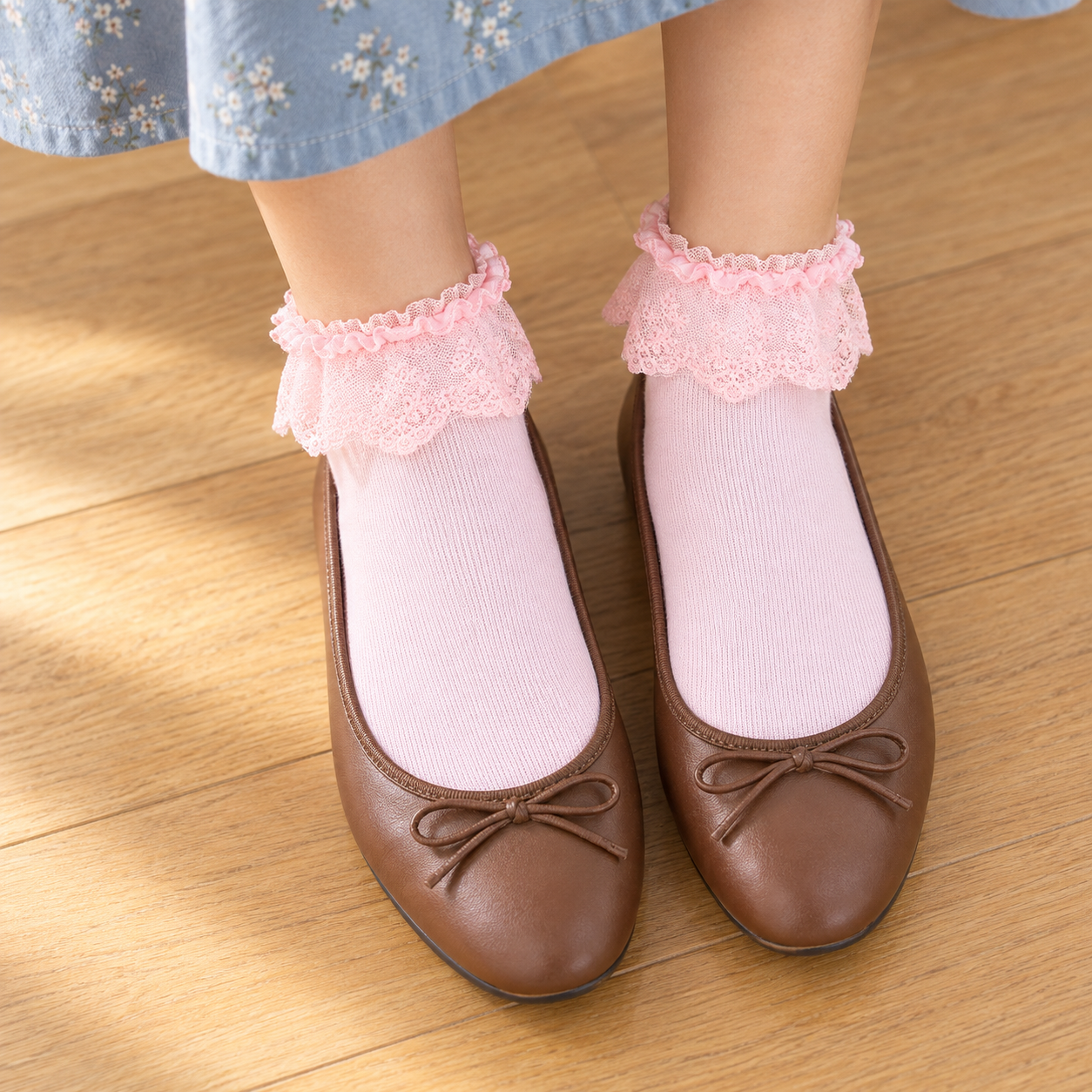 AI overhead styling illustration of Pink floral lace-flounce ankle socks with brown ballet flats and a blue skirt.
