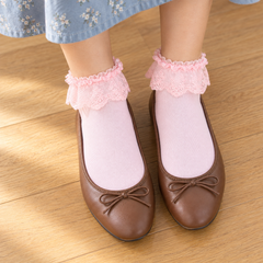 AI overhead styling illustration of Pink floral lace-flounce ankle socks with brown ballet flats and a blue skirt.