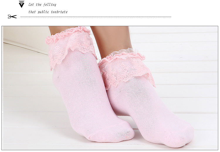 Untouched original reference showing the selected Pink short floral lace-flounce sock design.