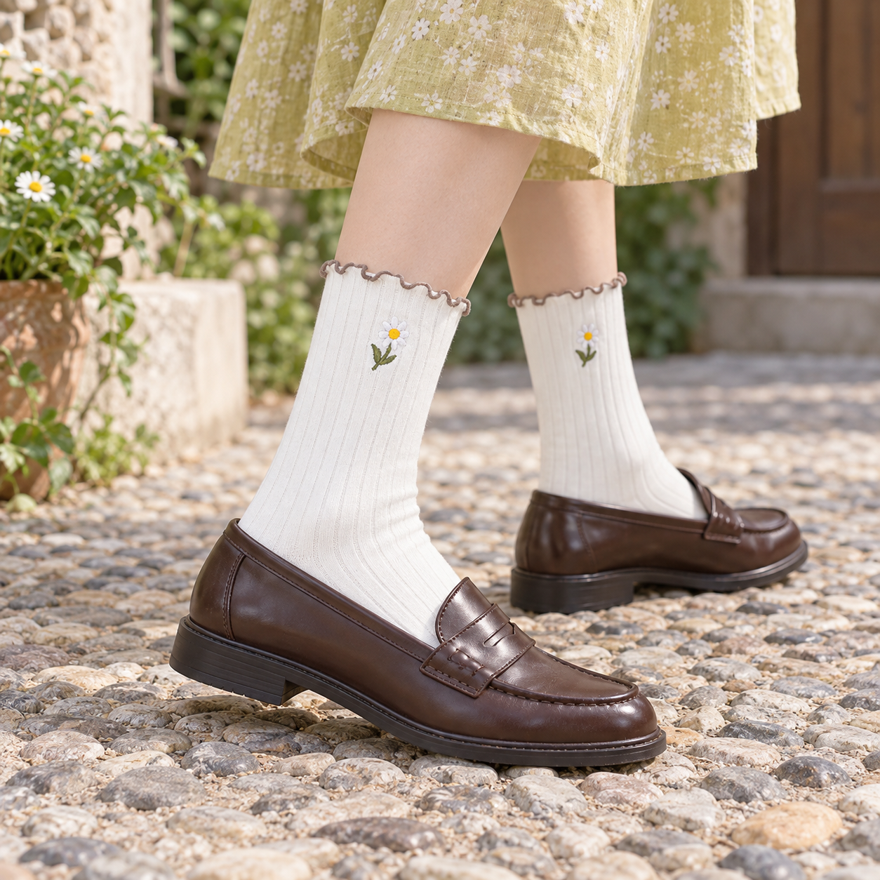 AI courtyard styling illustration of White daisy ribbed socks with narrow brown wavy cuffs, brown loafers and a yellow-green skirt, one foot stepping forward.