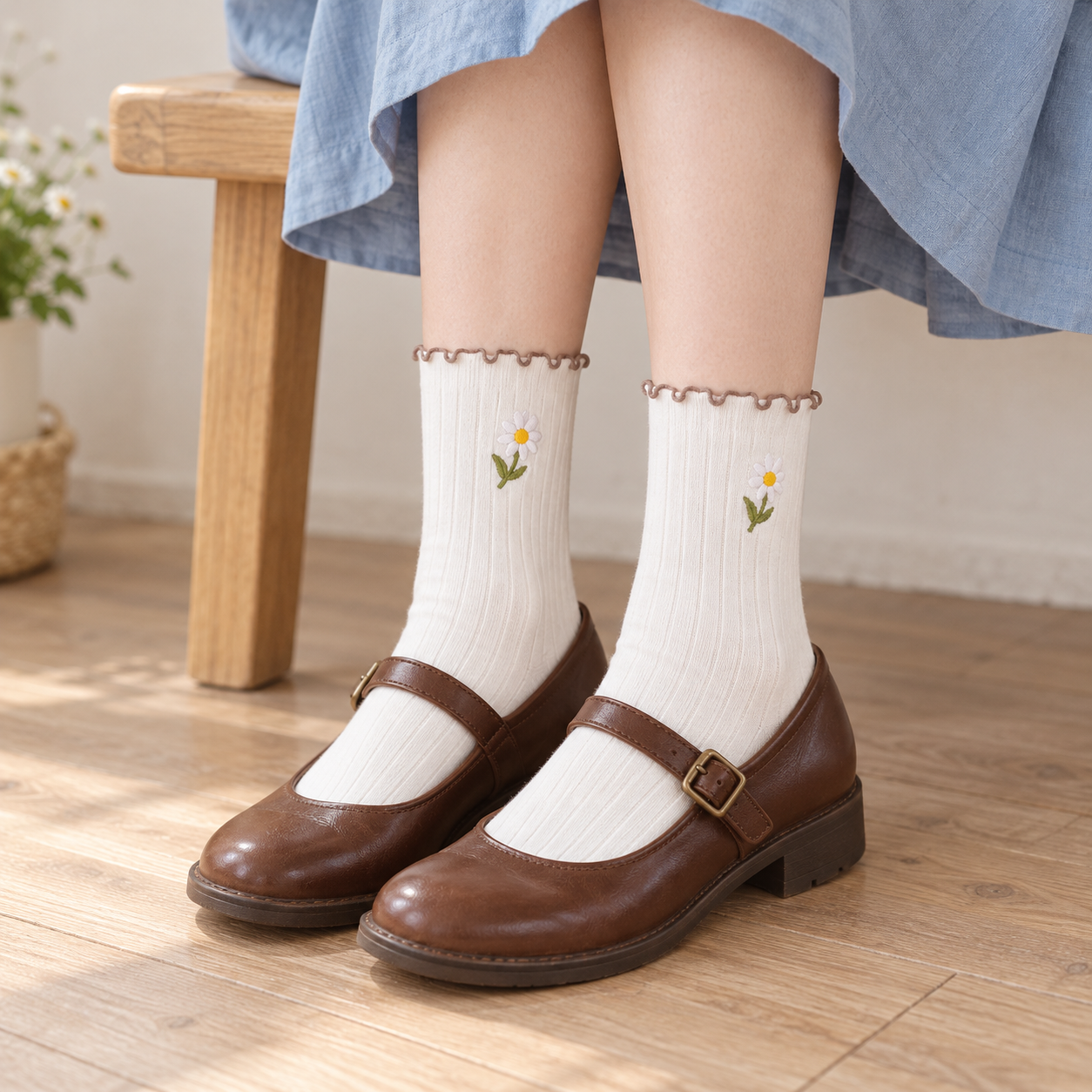 AI seated styling illustration of White ribbed daisy socks with brown Mary Jane shoes and a dusty-blue skirt on a light wooden floor.