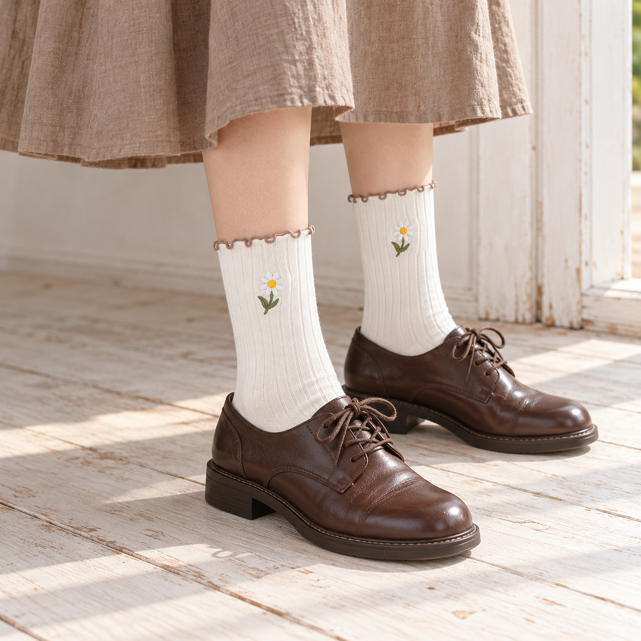 AI doorway styling illustration of White fine-rib daisy socks with brown wavy cuffs, dark brown lace-up shoes and a taupe skirt.