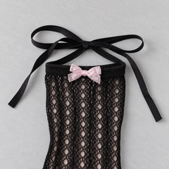 AI close product illustration of the source-supported small pale-pink rear bow, Black upper tie and fine rear eyelet net.