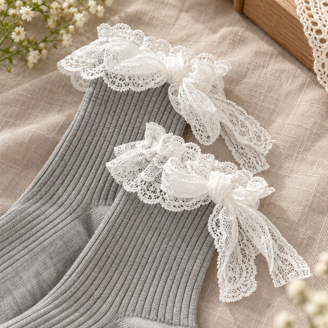 AI close product illustration of Gray fine-rib sock uppers with short White lace ruffles, lace bow loops and long patterned lace tails.