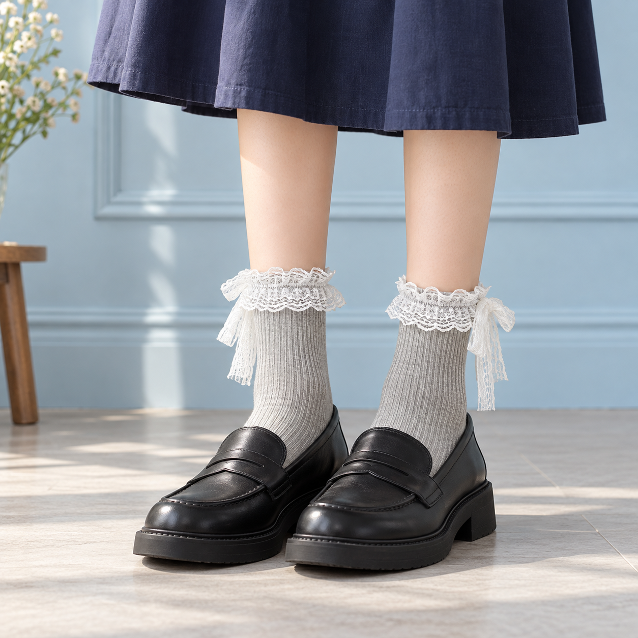 AI front styling illustration of Gray ribbed socks with White lace bows and long tails, black loafers and a navy skirt against a blue wall.