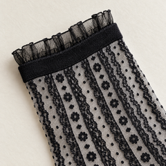 AI product detail illustration of the short translucent cuff frill, opaque band and small vertical flower-chain stripes on the Black socks.