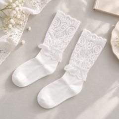 AI overhead product illustration of an empty White pair with smooth opaque feet and broad scroll-lace upper sections.