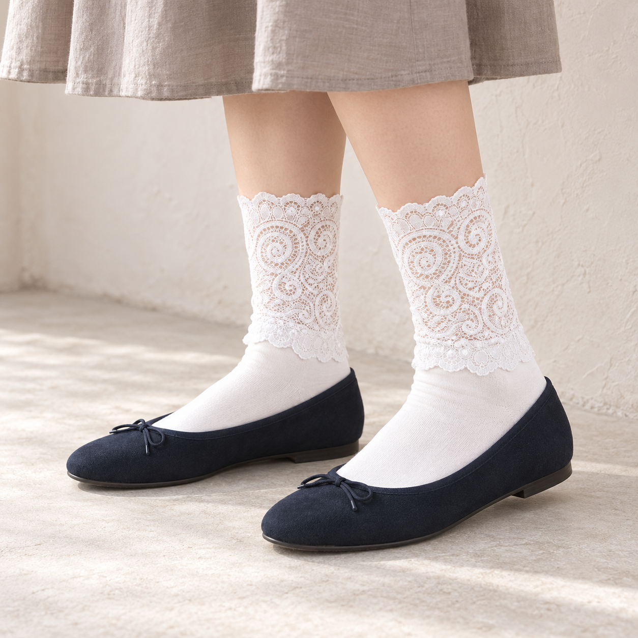 AI outfit illustration of White scroll-lace socks with navy closed flats and a taupe skirt against a pale wall.