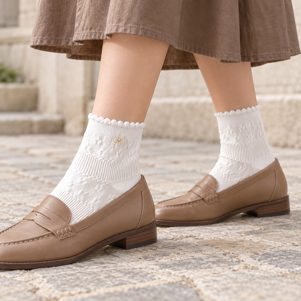 AI styling illustration of White daisy textured socks with tan loafers and a brown skirt during a supported step in a stone courtyard.