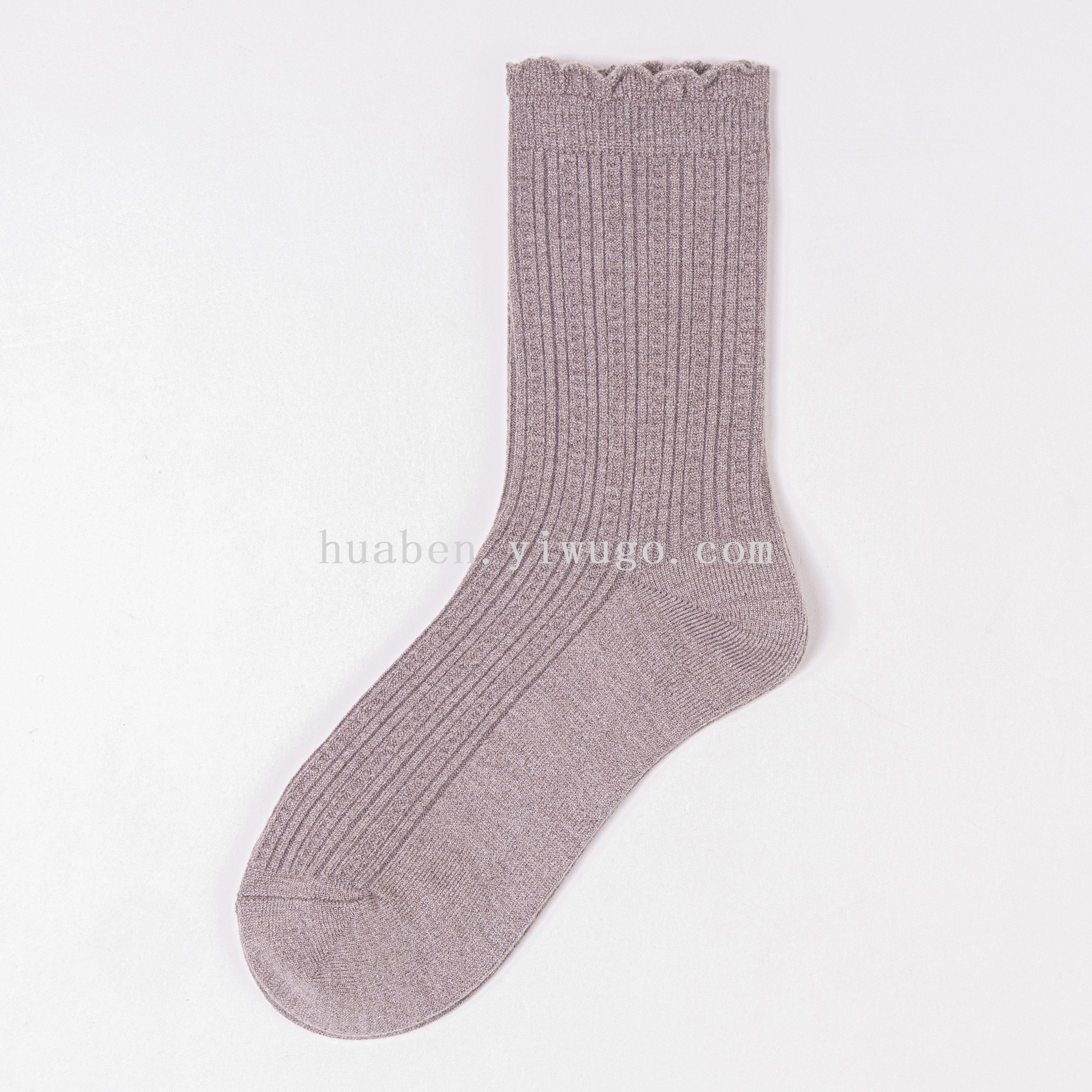 Untouched original reference showing Heather Taupe fine-rib socks with a narrow wavy upper edge, shaped heel and plain rounded toe.