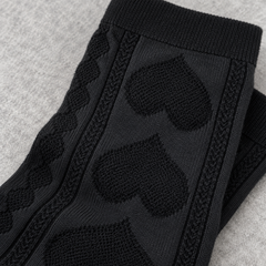 AI detail illustration of the large tonal heart-knit panels and narrow chain columns on Black socks.