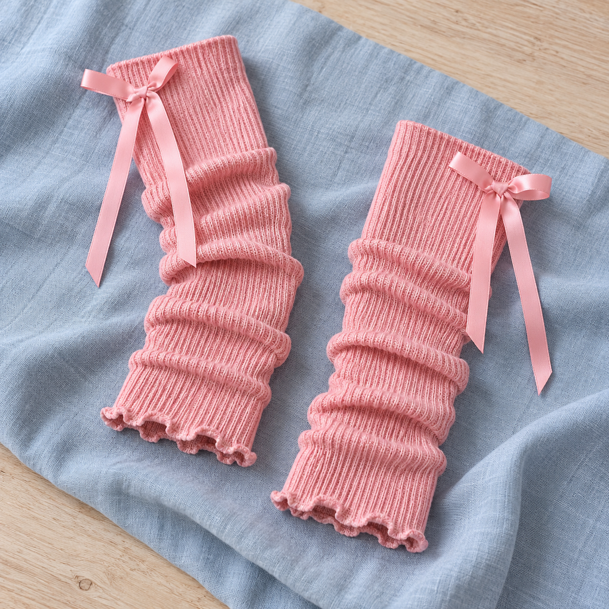 AI flat-lay illustration of Pink ribbon footless leg warmers with straight upper openings and lettuce lower edges.