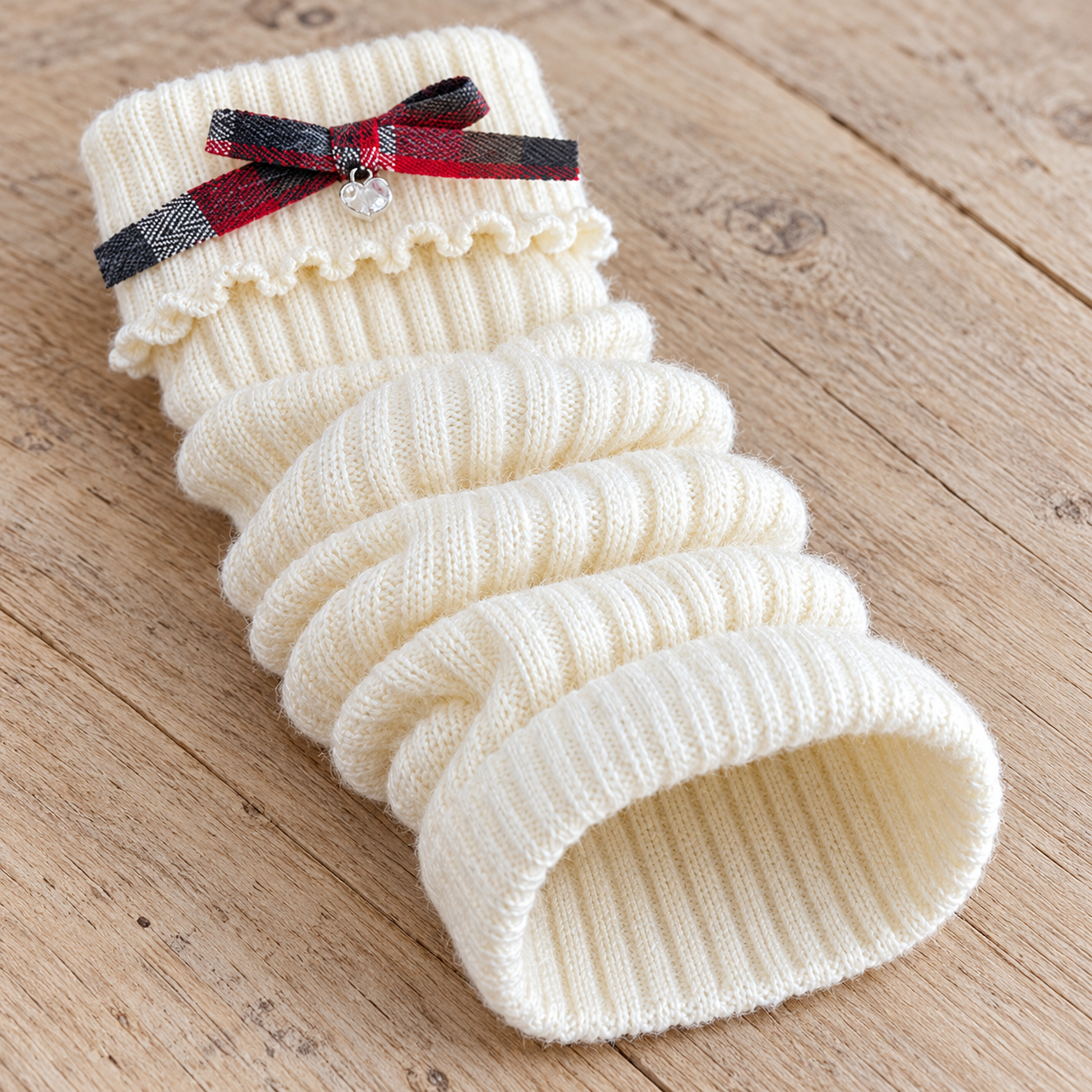 AI detail illustration of the soft open ribbed lower end of a White footless leg warmer.