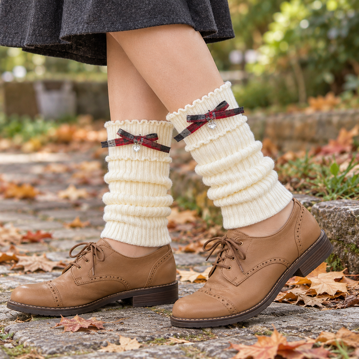 AI outdoor styling illustration of White plaid-bow footless leg warmers with tan shoes on a garden path.
