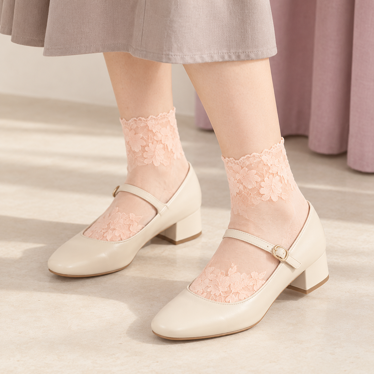 AI styling illustration of Pink floral mesh ankle socks with cream Mary Janes beside a muted mauve curtain.