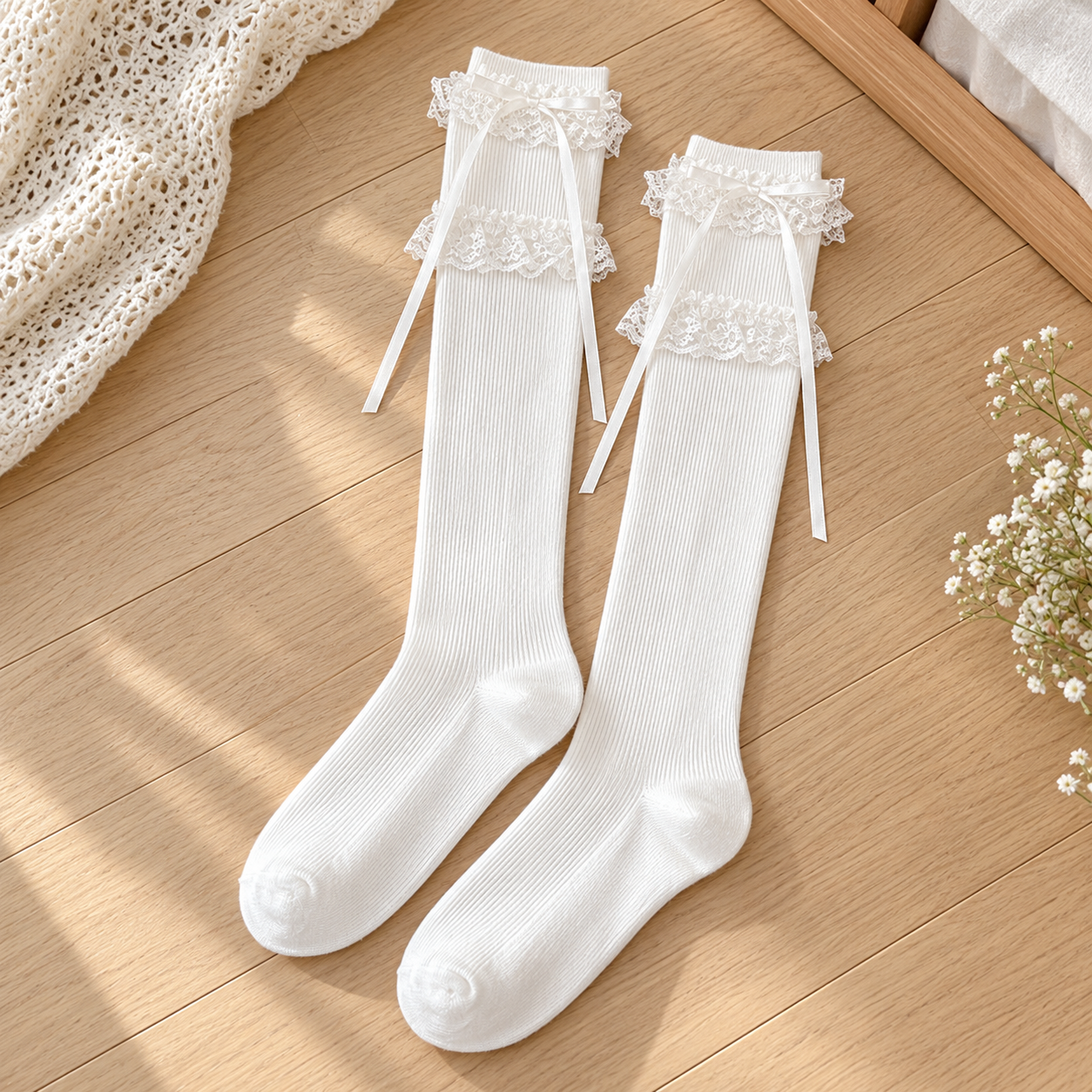 AI flat product illustration of two White long ribbed socks with separated lace bands and narrow upper ribbon tails on pale oak.