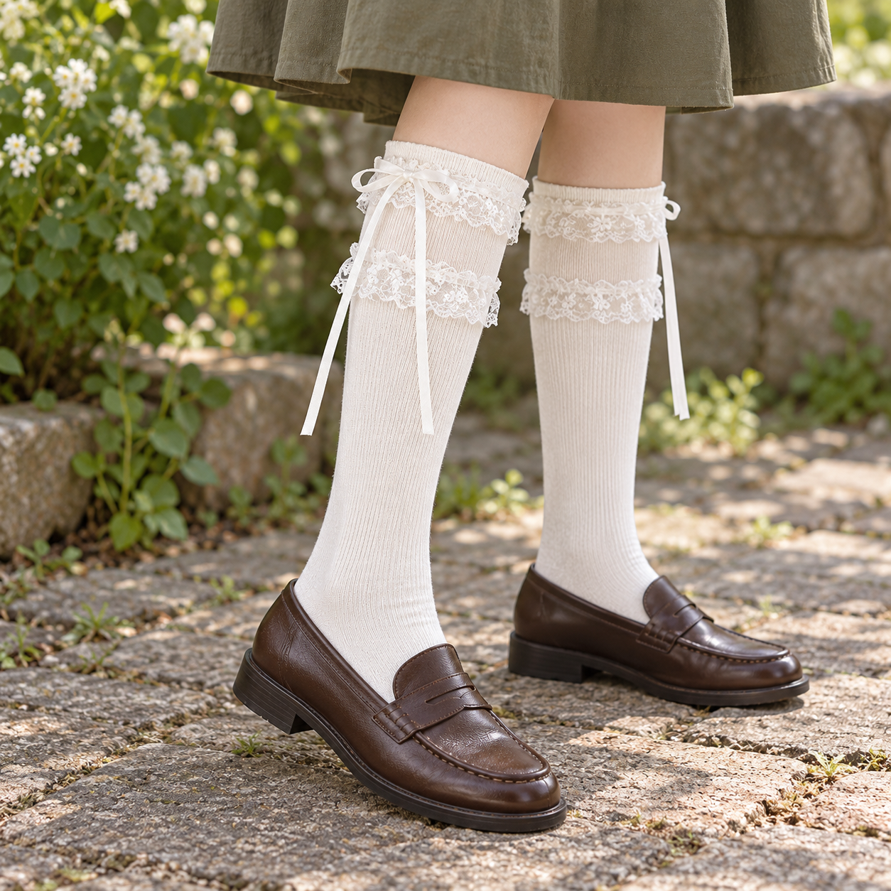 AI outdoor styling illustration of White double-lace ribbon long socks with brown loafers on garden paving.