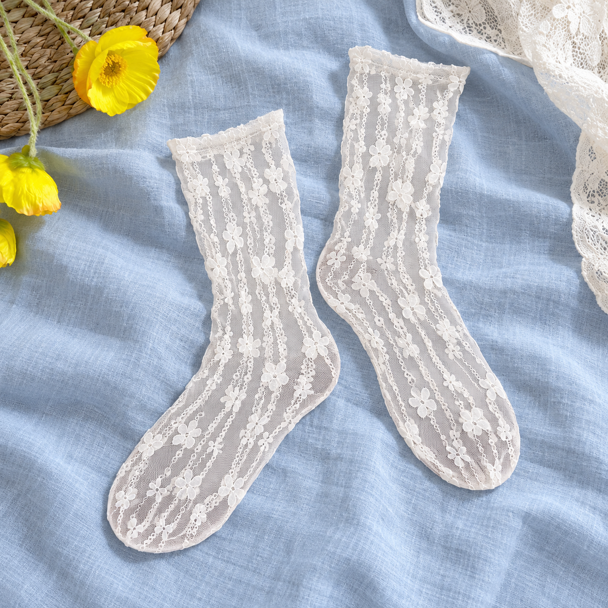 AI editorial illustration of Matching White sheer flower-chain sock pair with transparent toes and heels on pale blue linen.