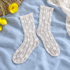 AI editorial illustration of Matching White sheer flower-chain sock pair with transparent toes and heels on pale blue linen.