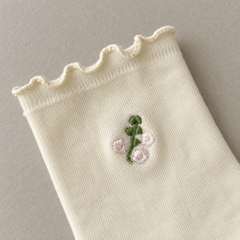AI close product illustration of three small pink flowers on a green sprig below a matching Lettuce-Edge White sock cuff.
