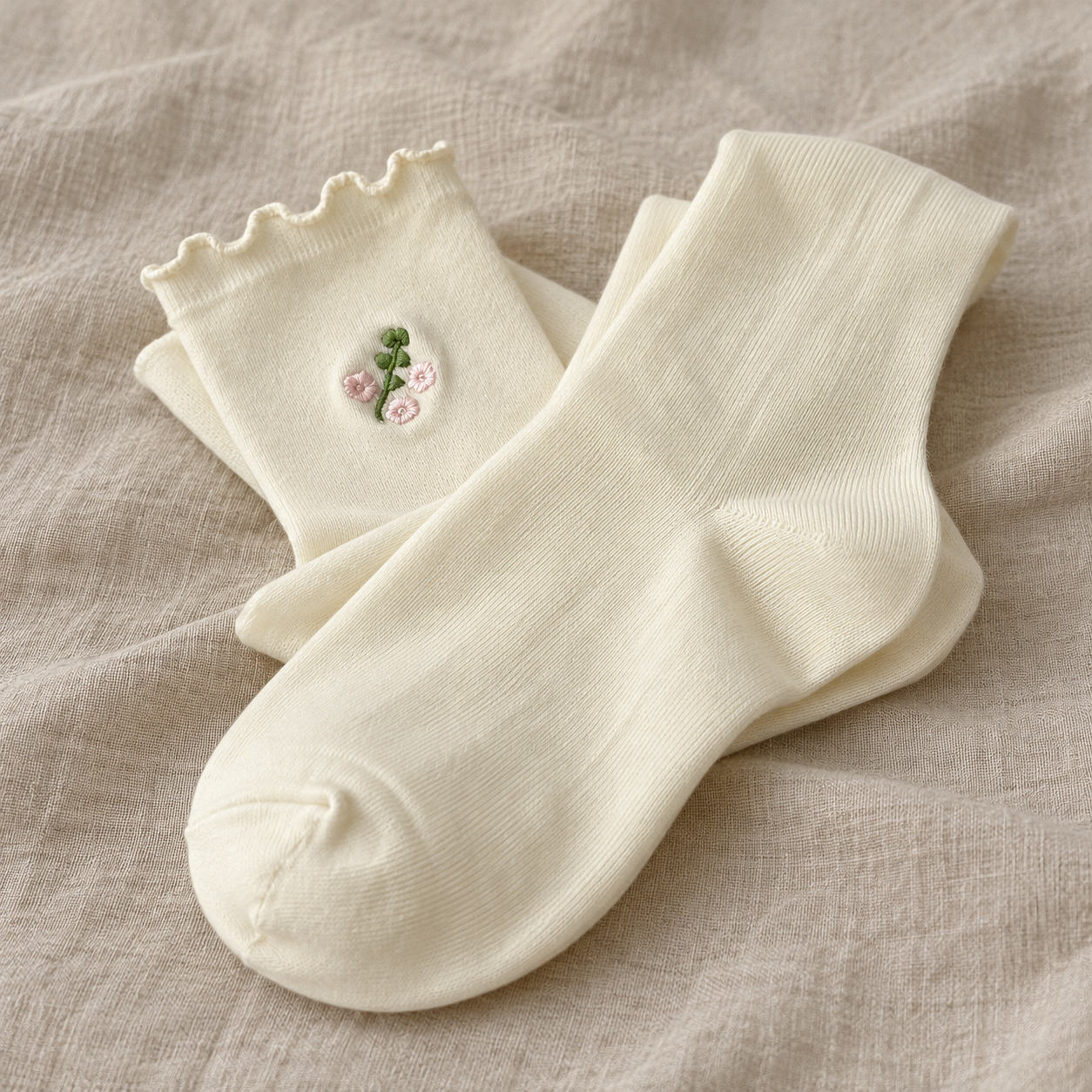 AI folded product illustration showing the same-color toe and heel of Lettuce-Edge White floral-sprig socks.