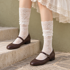 AI styling illustration of White floral mesh socks with scroll-lace cuffs, brown Mary Janes and a cream skirt beside an olive wall and low stone step.