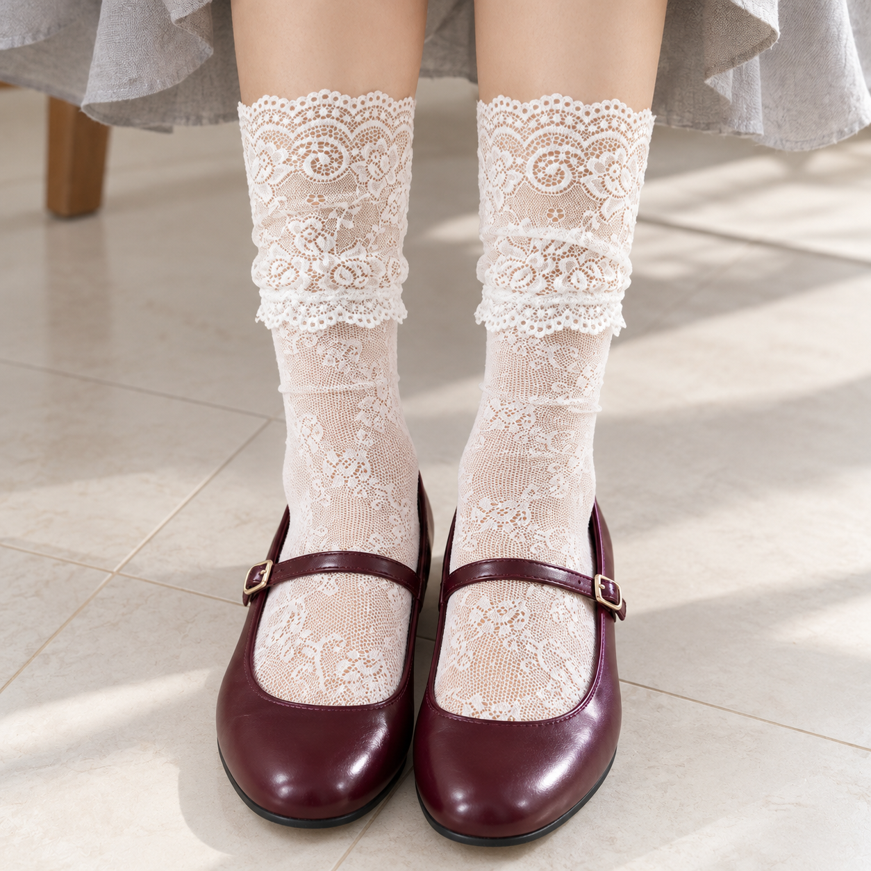 AI front styling illustration of White floral mesh socks with broad scroll-lace cuffs and burgundy Mary Janes on pale tile.