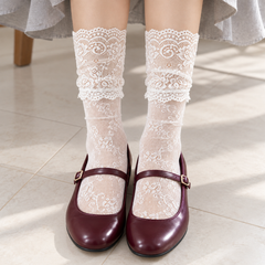 AI front styling illustration of White floral mesh socks with broad scroll-lace cuffs and burgundy Mary Janes on pale tile.