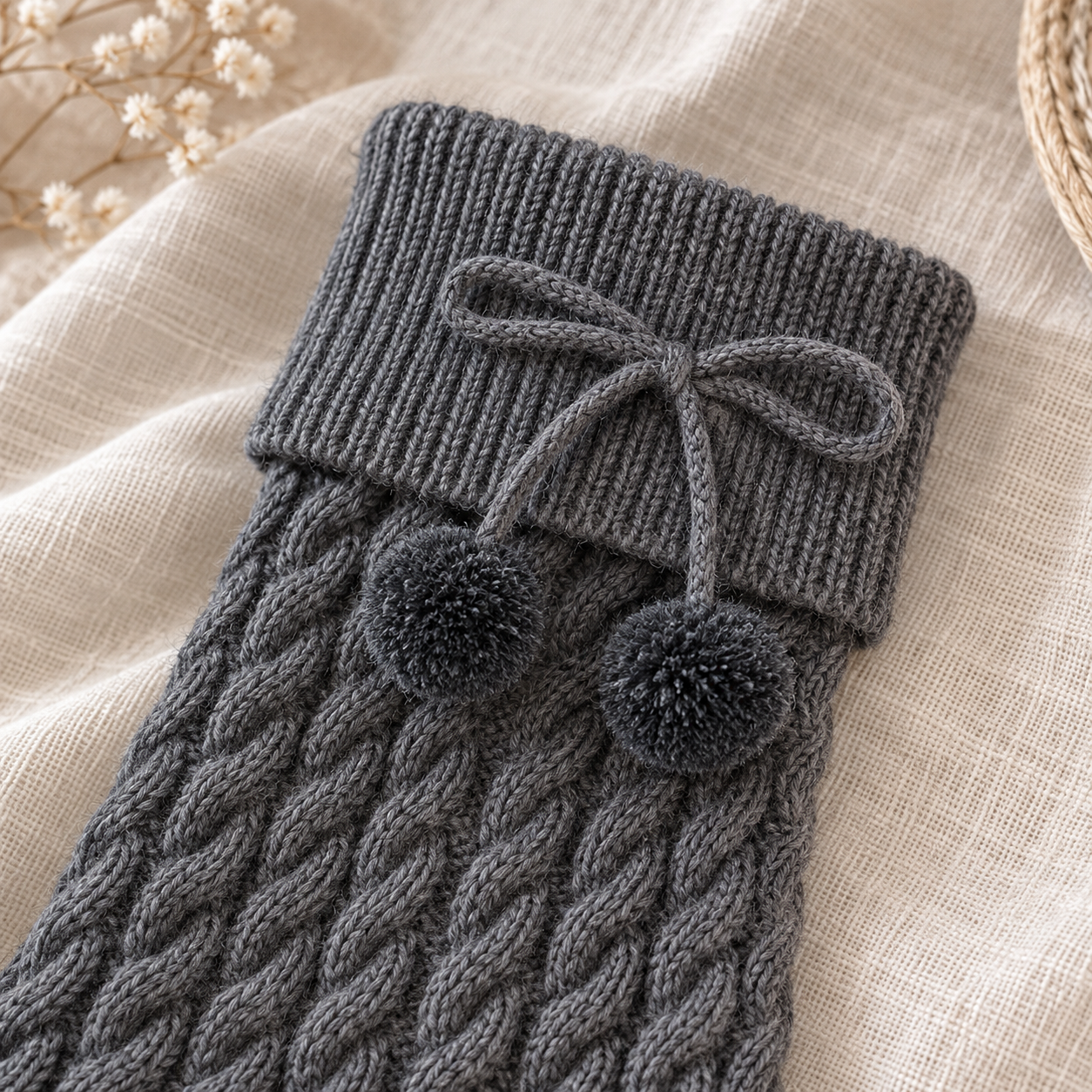 AI detail illustration of a Dark Gray folded ribbed leg warmer cuff, gray cord bow and two yarn pompom ends.