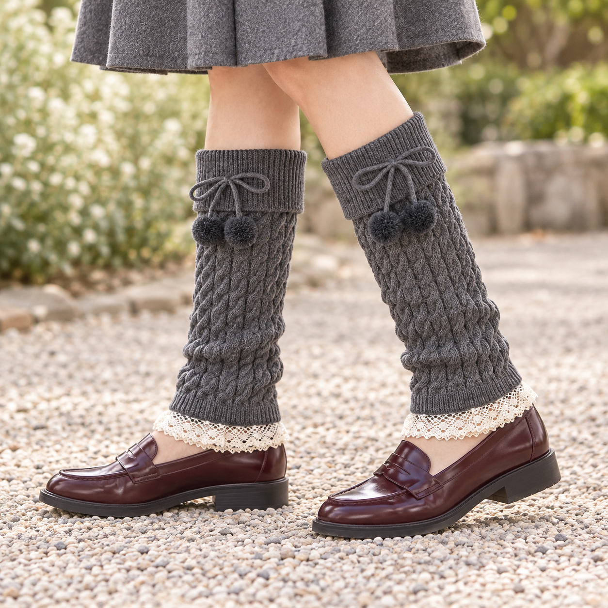 AI side styling illustration of Dark Gray footless cable-knit pompom leg warmers with burgundy loafers and a gray skirt on gravel.