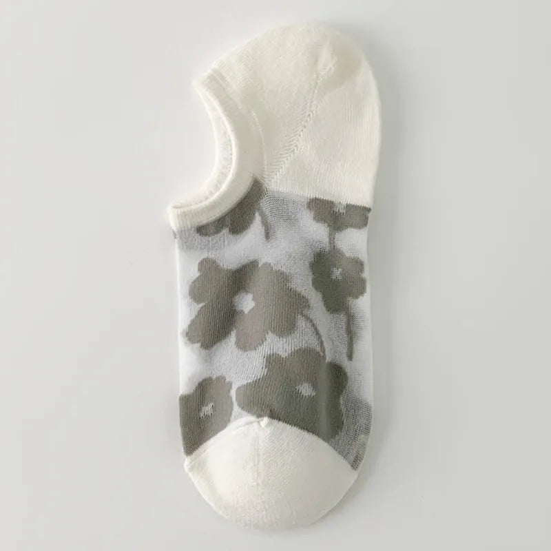 Blue Grey large-flower sheer liner sock with a white opening, toe and heel, shown as a single color sample