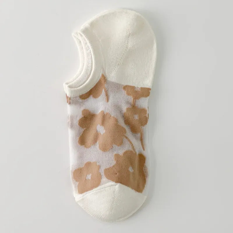 Caramel large-flower sheer liner sock with a white opening, toe and heel, shown as a single color sample