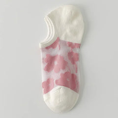 Cherry Pink large-flower sheer liner sock with a white opening, toe and heel, shown as a single color sample
