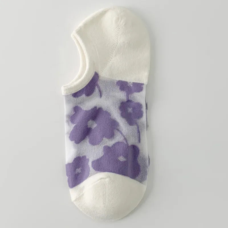 Wisteria Purple large-flower sheer liner sock with a white opening, toe and heel, shown as a single color sample