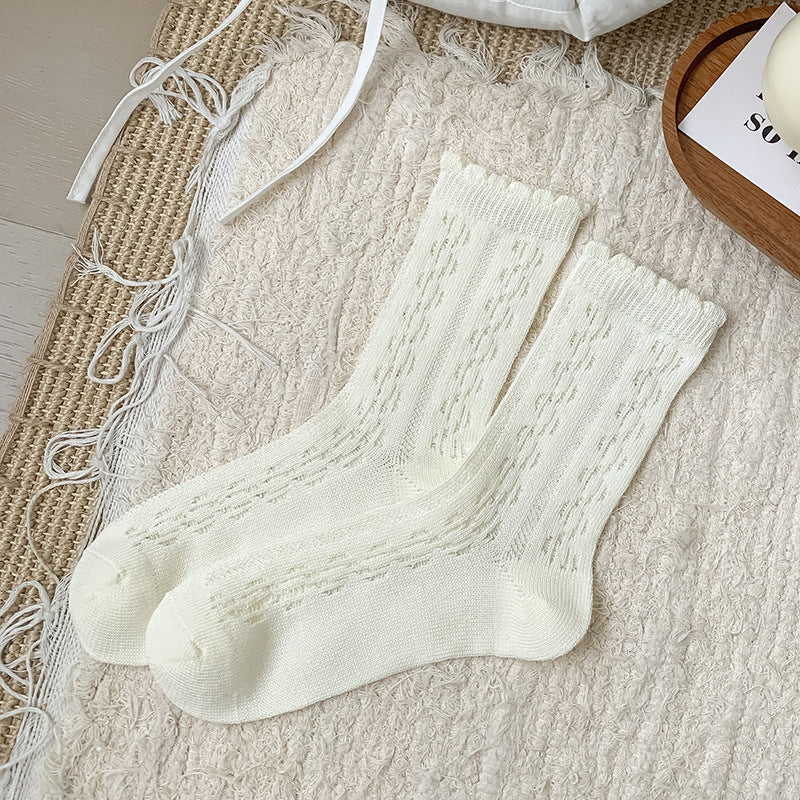 Original product reference of Milky White socks with grouped leaf-eyelet columns, broad plain-knit strips and narrow waved cuffs