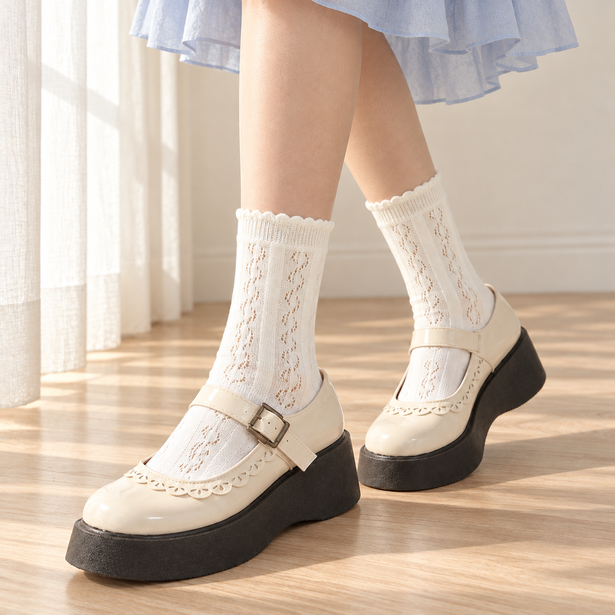 AI styling illustration of Milky White leaf-eyelet socks with a powder-blue skirt and cream Mary Jane shoes