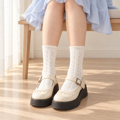 AI seated outfit illustration showing the grouped leaf-eyelet columns and narrow waved cuffs of Milky White socks