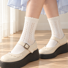 AI close styling illustration of grouped slanted eyelets separated by plain-knit strips on Milky White socks