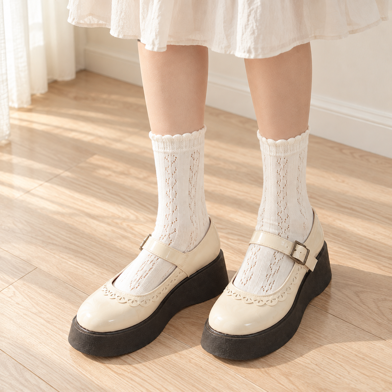 AI higher-front outfit illustration of Milky White leaf-eyelet socks with an ivory skirt and cream shoes