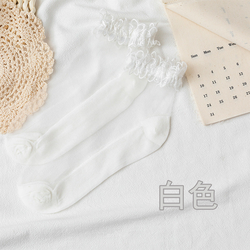 Pair of White sheer socks with open looped floral trim around the cuffs