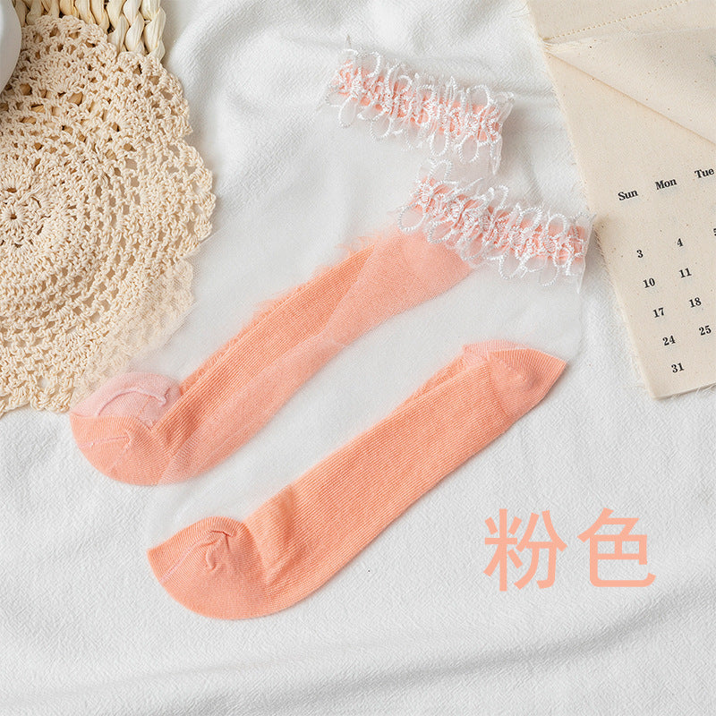 Looped floral-trim sheer socks in the selected Pink color