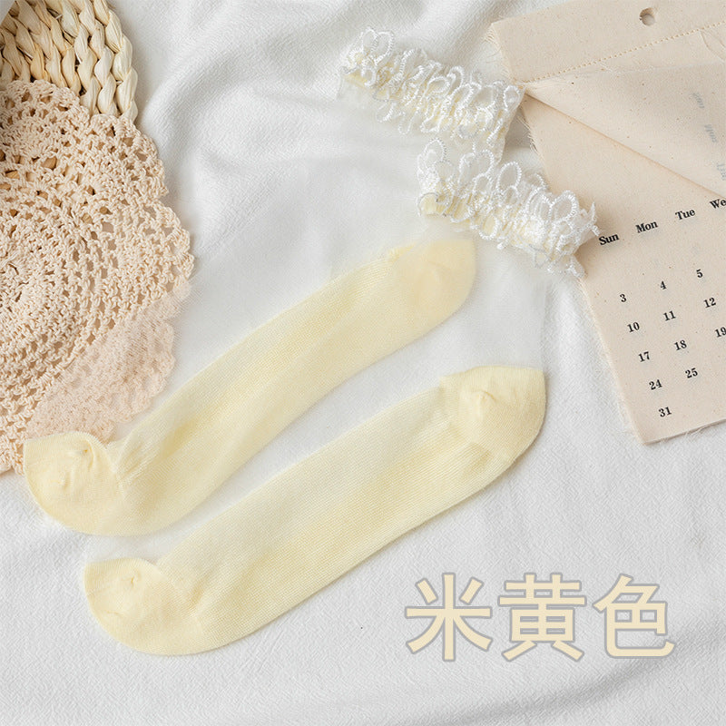 Looped floral-trim sheer socks in the selected Beige color