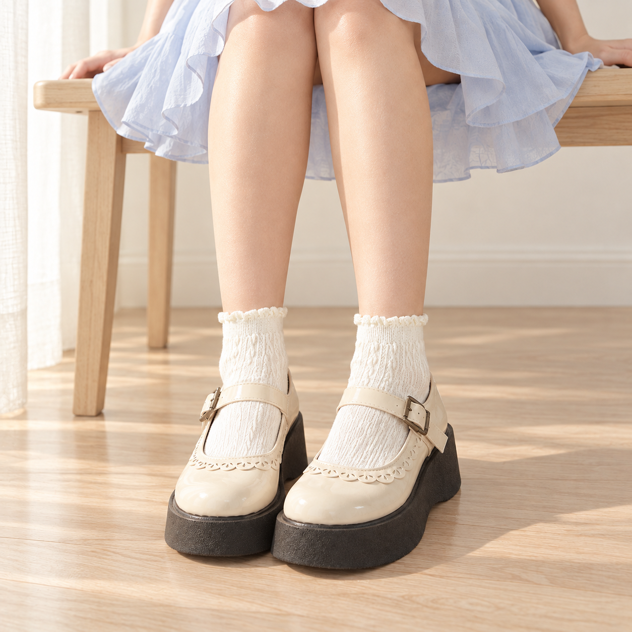 AI styling illustration of a seated adult wearing Milk White short cable socks and cream Mary Janes beneath a pale blue skirt.